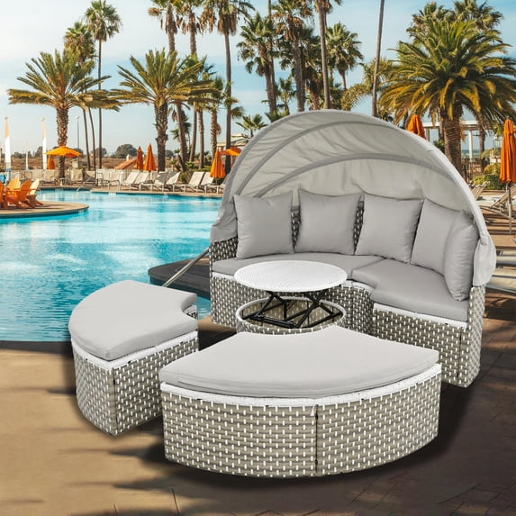 Glavbiku 64.1" Outdoor Wicker Round Daybed with Cushions,Rattan Sofa Bed with Lift Table,Gray