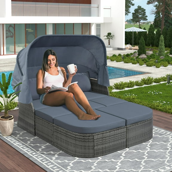 Glavbiku 6Pcs Outdoor Patio Sofa Set,Daybed Sunbed with Retractable Canopy,Wicker Furniture,Gray