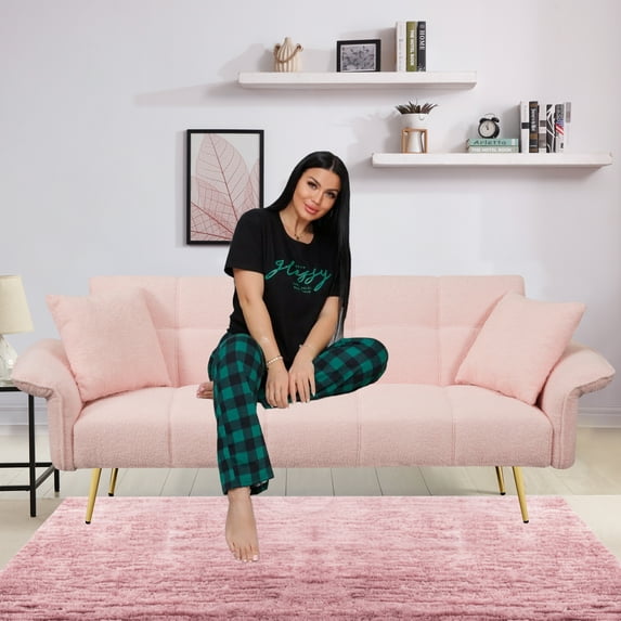 Glavbiku 70" Velvet Futon Loveseat,Convertible Daybed with Folding Armrests for Living Room,Pink