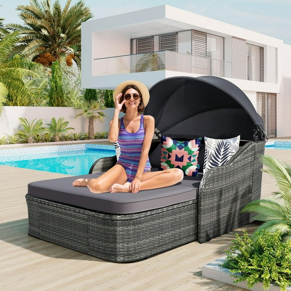 Glavbiku 79.9" Outdoor Wicker Double Sunbed,PE Rattan Daybed with Adjustable Canopy for Patio,Gray