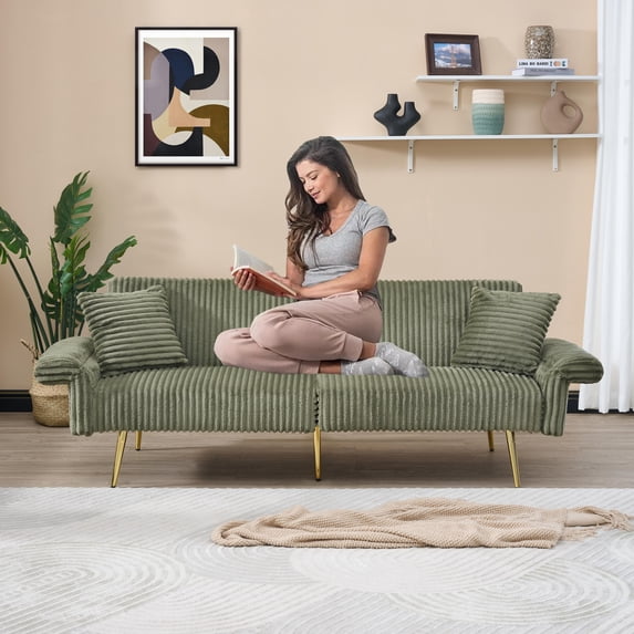 Glavbiku 79" Corduroy Sofa Bed,Foldable Loveseat with Folding Armrests,Daybed for Living Room,Green