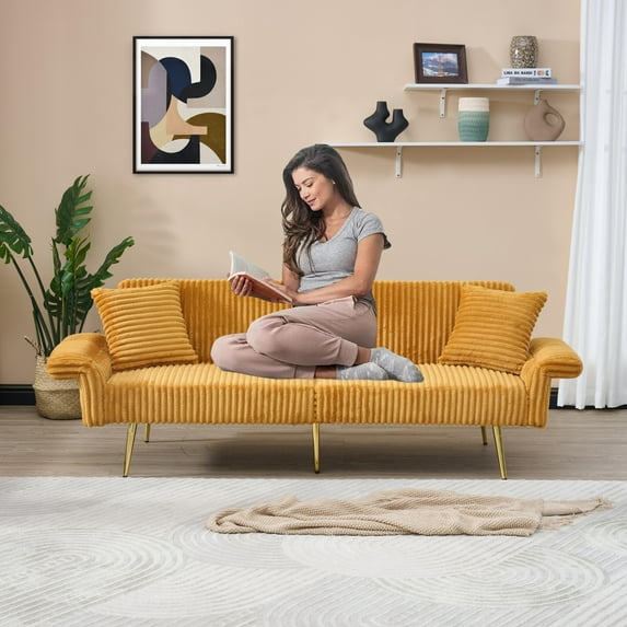 Glavbiku 79" Corduroy Sofa Bed,Foldable Loveseat with Folding Armrests,Daybed for Living Room,Yellow