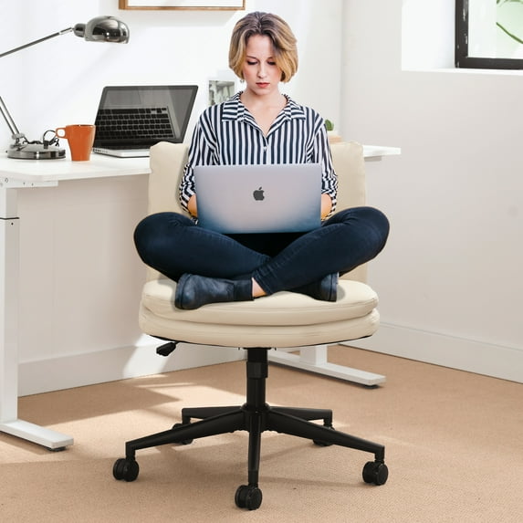 Glavbiku Adjustable Swivel Criss Cross Office Chair,Wide Armless Seat with Wheels,Vanity Chair,Beige