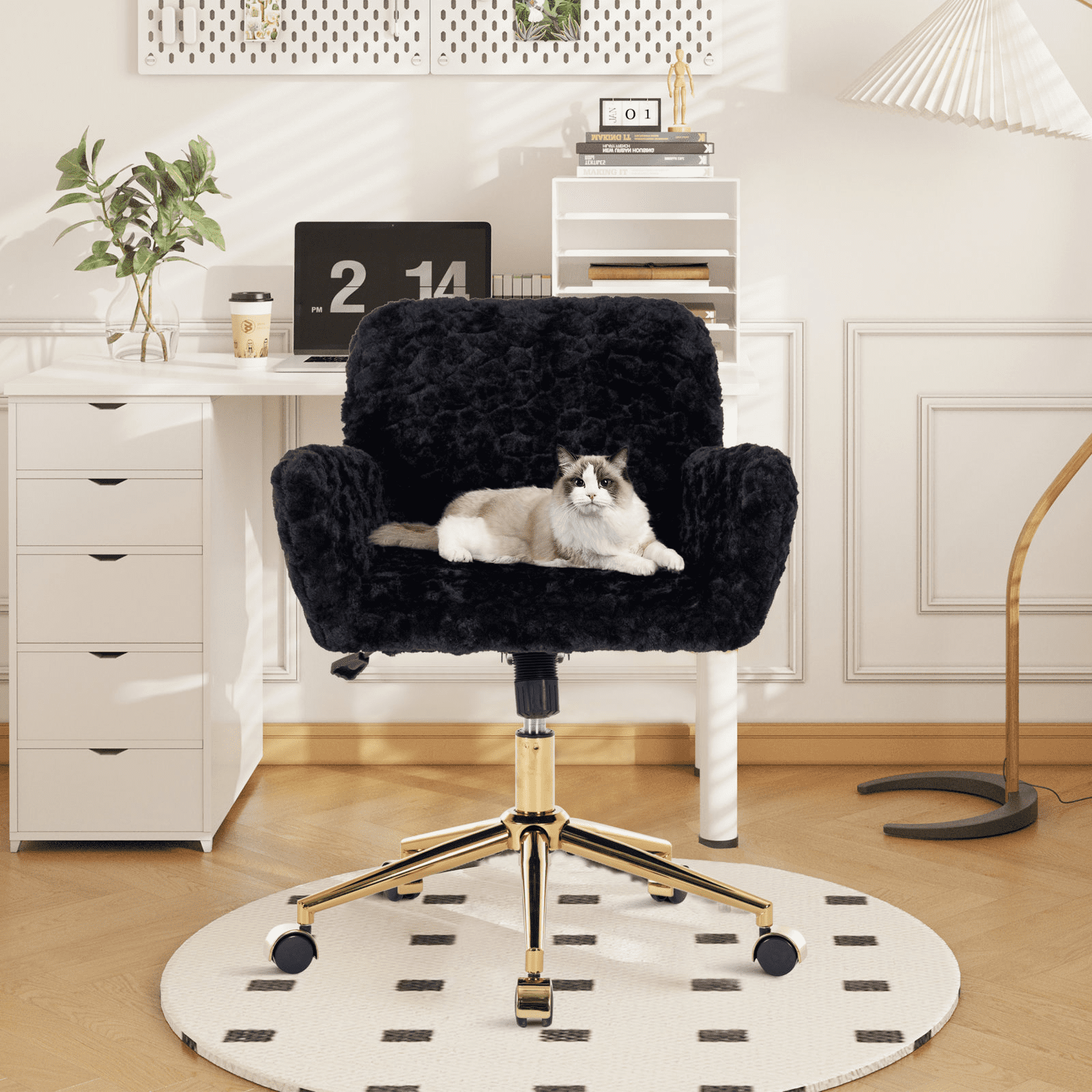 Rabbit Ruller Vanity Glavbiku Modern Artificial Rabbit Hair Chair with Golden Metal Base ...