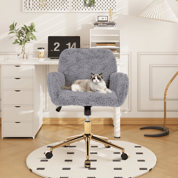 Glavbiku Modern Artificial Rabbit Hair Chair with Golden Metal Base,Swivel Vanity Chair,Gray,Adult