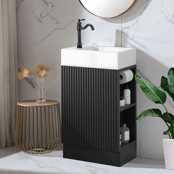 Glavbiku Bathroom Vanity with Sink & Ceramic Top,2 Tier Shelf,Toilet Rolls Holder,18.6" W,Black