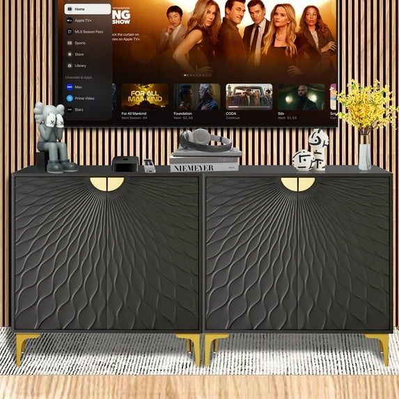 Glavbiku Black 2-Door Sideboard with Curve Line Door,Gold Handle - Living Room Accent Cabinet,31.4"L