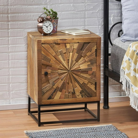 Glavbiku Boho Wood Nightstand with 1 Door,Night Stand Dresser with Metal Frame,Natural,Adult
