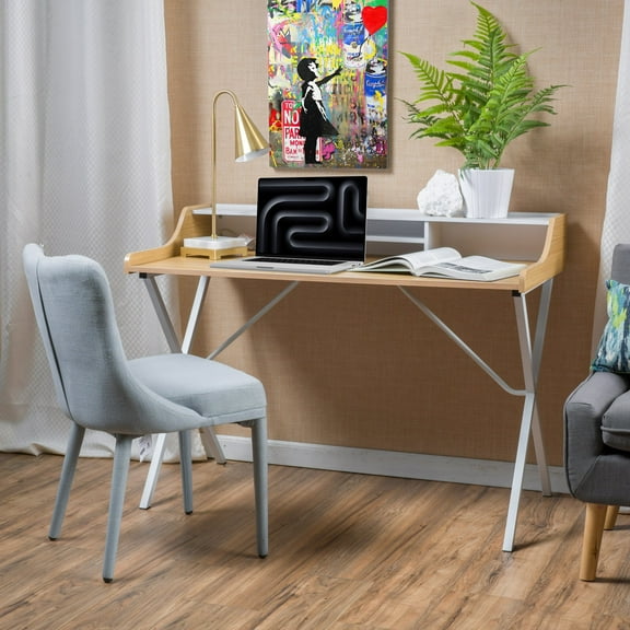 Glavbiku Computer Desk with Metal Base,Writing Table with Shelf,35"H,Natural and White