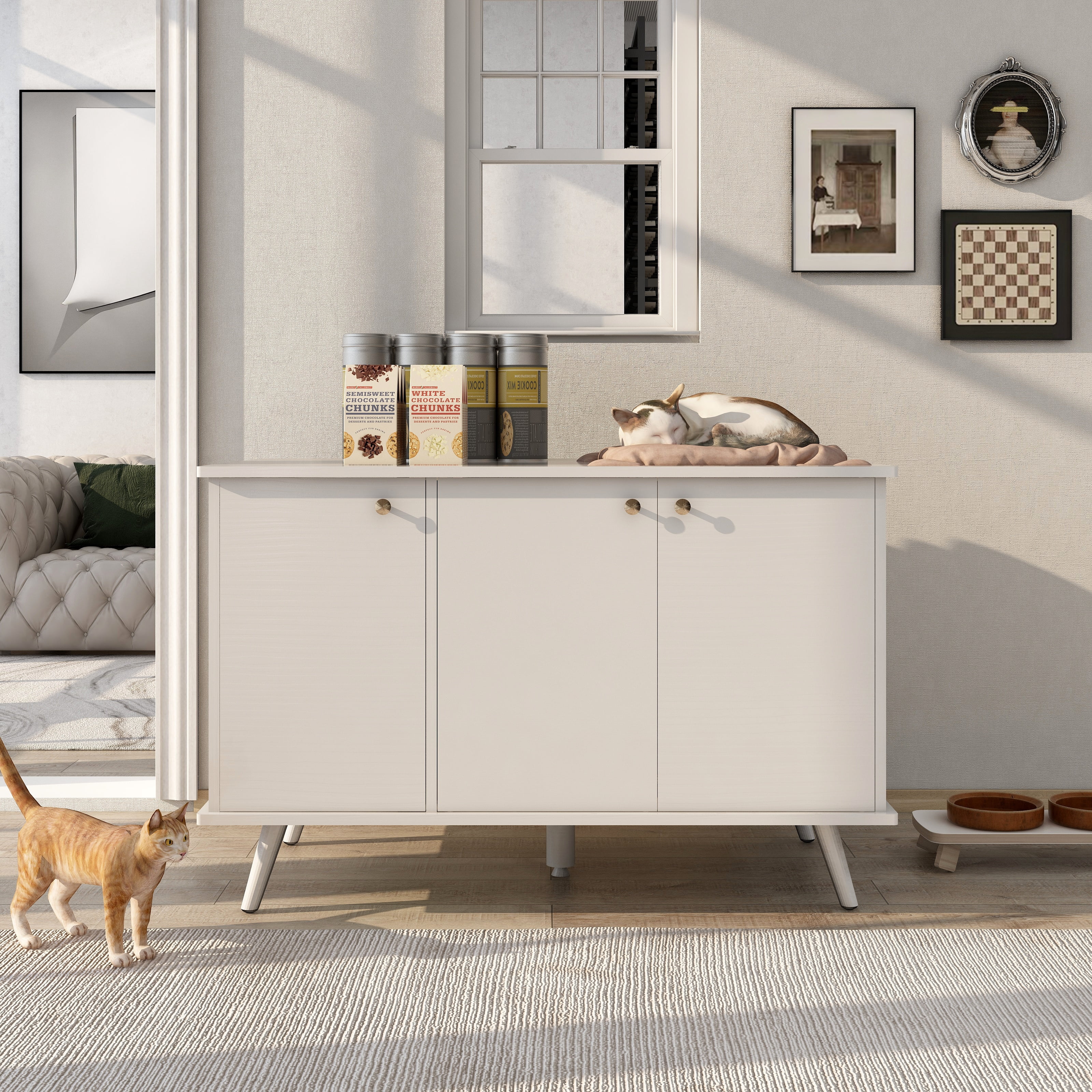 Glavbiku Enclosed Cat Litter Box,Wooden Cat Litter Box Furniture with Hidden Plug,3 Doors,White