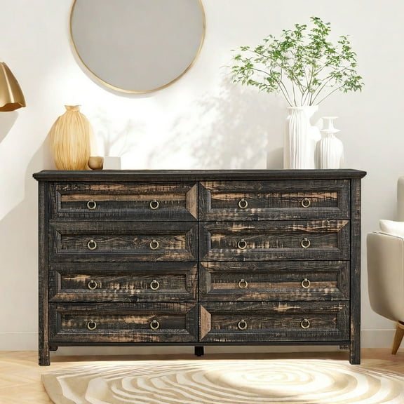 Glavbiku Farmhouse 8 Drawer Dresser for Bedroom Wooden,Rustic Bedroom Chest of Drawers,Dark Oak