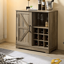 Glavbiku Farmhouse Coffee Bar Cabinet with Barn Door,Bar Cabinet with Wine Rack,Gray Wash