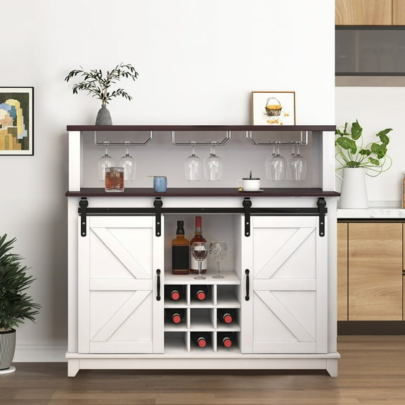 Glavbiku Farmhouse Coffee Bar Wine Cabinet W/ Sliding Barn Door,Sideboard Buffet W/ Wine Rack,White