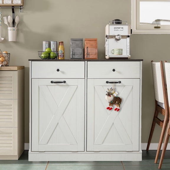 Glavbiku Farmhouse Dual Tilt-Out Trash Cabinet with 2 Drawer,Laundry Sorter Cabinet,White Trash Can