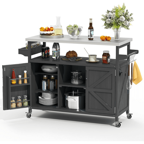 Glavbiku Farmhouse Rolling Kitchen Island Cart,Outdoor Bar Cart with Stainless Steel Top,Black