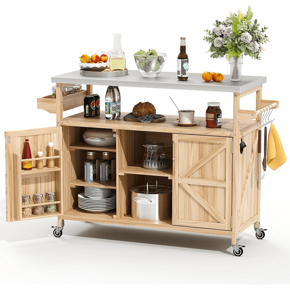Glavbiku Farmhouse Rolling Kitchen Island Cart,Outdoor Bar Cart with Stainless Steel Top,Natural
