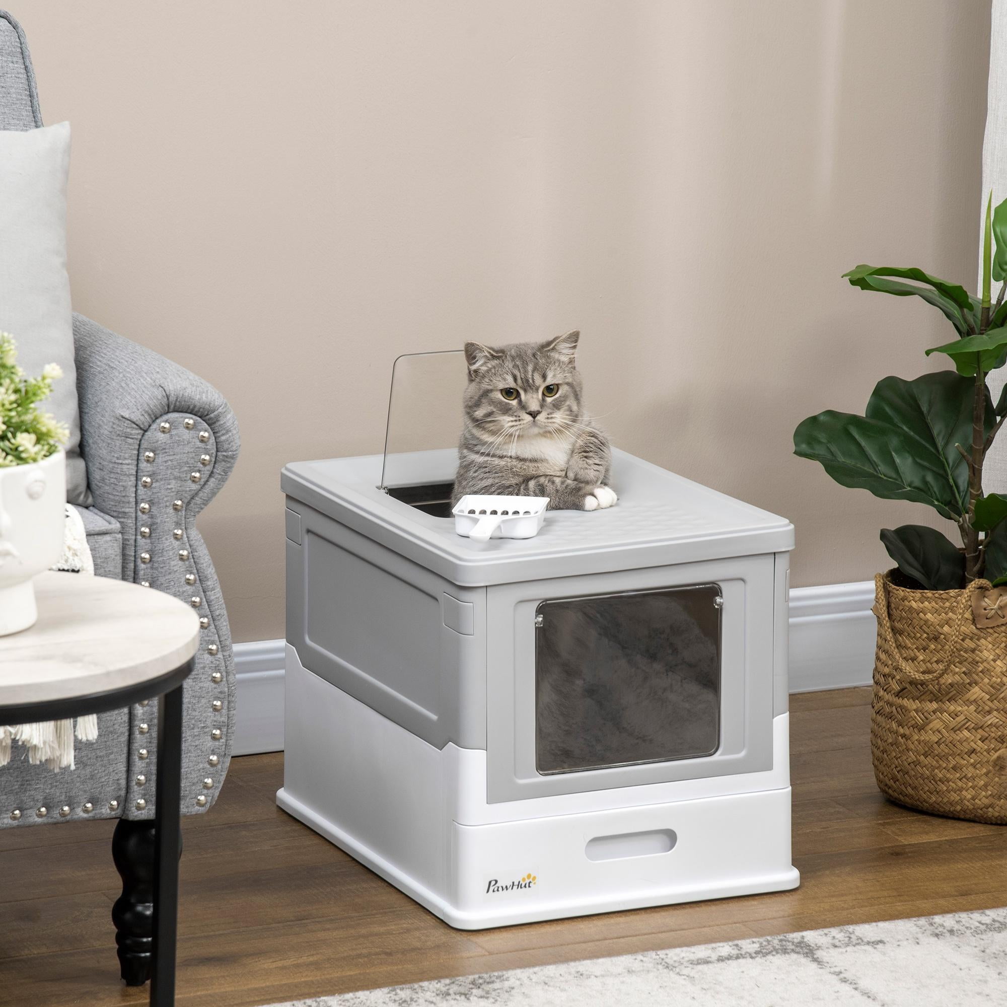 Glavbiku Foldable PP Enclosed Cat Litter Box with Scoop,Portable Pet Cat Litter House with Tray,Gray