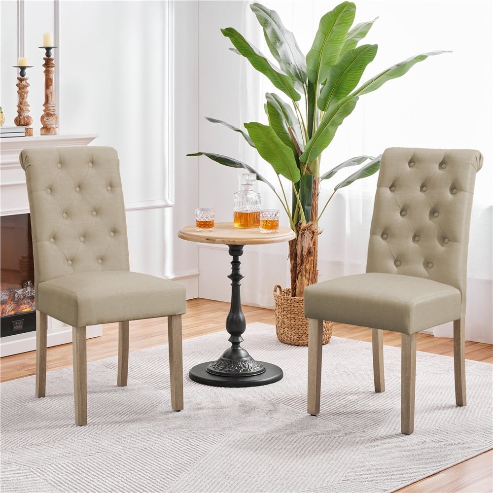 Tan Upholstered Tufted Parsons Side Chairs with Wood Legs, Set of 2