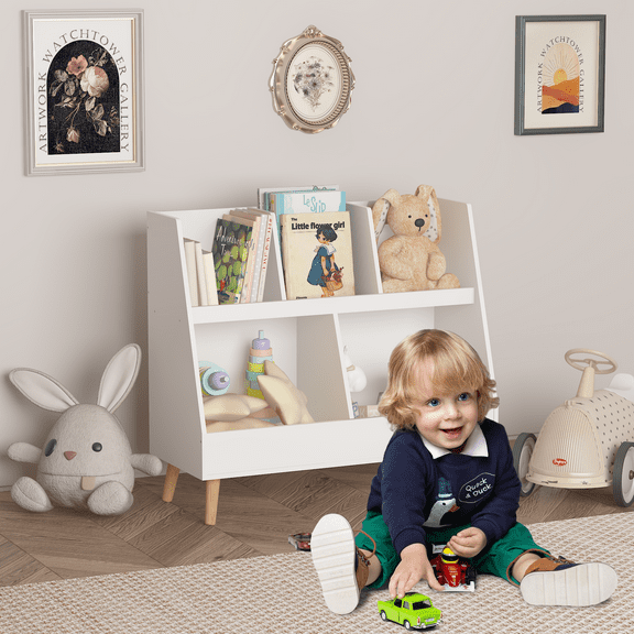 Glavbiku Kids Wood Bookshelf with 5 Open Cubbies 2-Tier Baby Toy Organizer for Playing Room,White