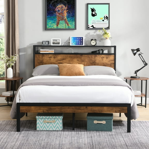 Glavbiku King Size Black Metal Bed Frame with Wood Headboard,USB Port,Adult