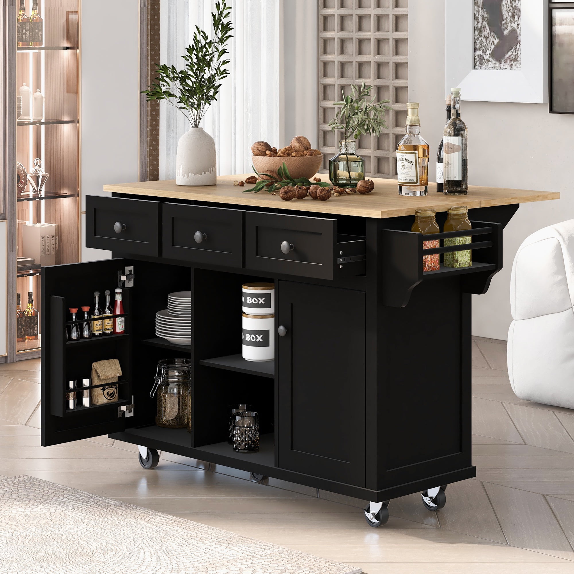 Black Wood Drop-Leaf Kitchen Cart with Storage and Spice Rack
