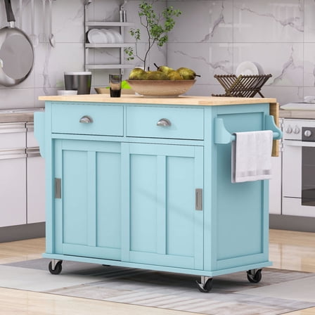Glavbiku Kitchen Island Cart W/ Drop Leaf Countertop,Sliding Barn Door,Adjustable Height,Mint Green