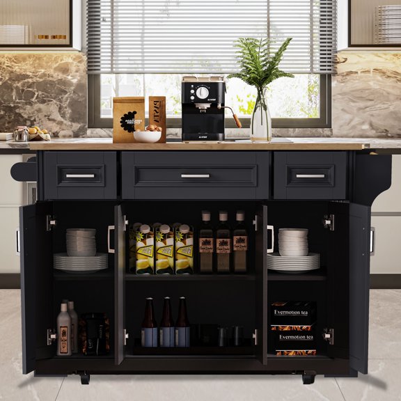 Glavbiku Kitchen Island on Wheel,Rolling Cart w/ Rubber Wood Drop Leaf,4 Doors,3 Drawers,Black