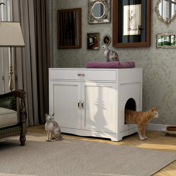 Glavbiku Litter Box Enclosure,Cat Furniture with Hidden Plug,2 Doors and 1 Drawer,White