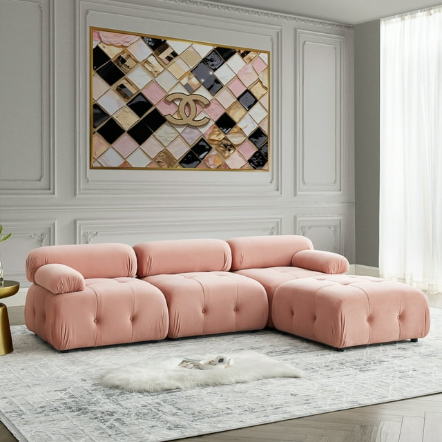 Glavbiku Luxury Velvet L-Shaped Sectional Sofa with Ottoman, Pink - Walmart.com