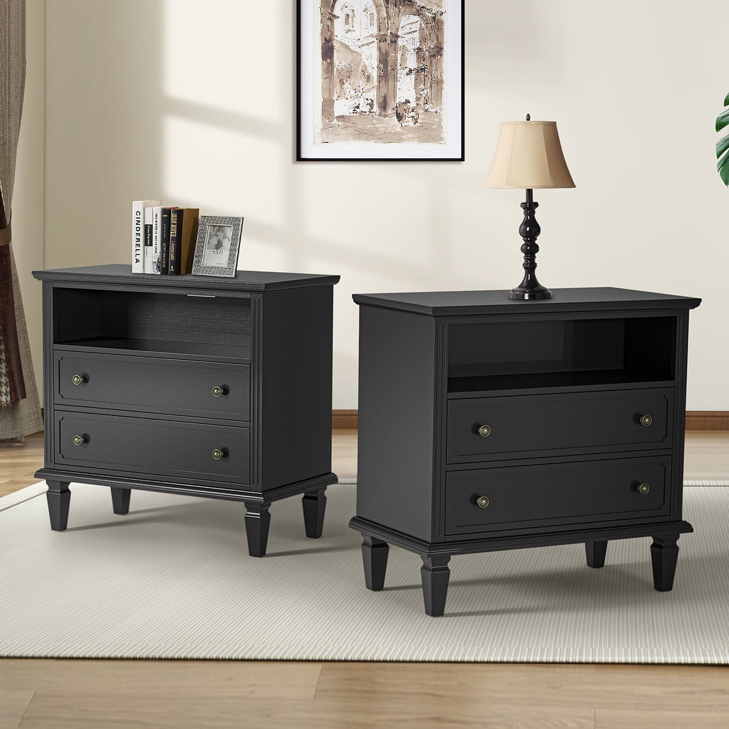 Black Solid Wood 2 Drawer Nightstand Set with Charging Station
