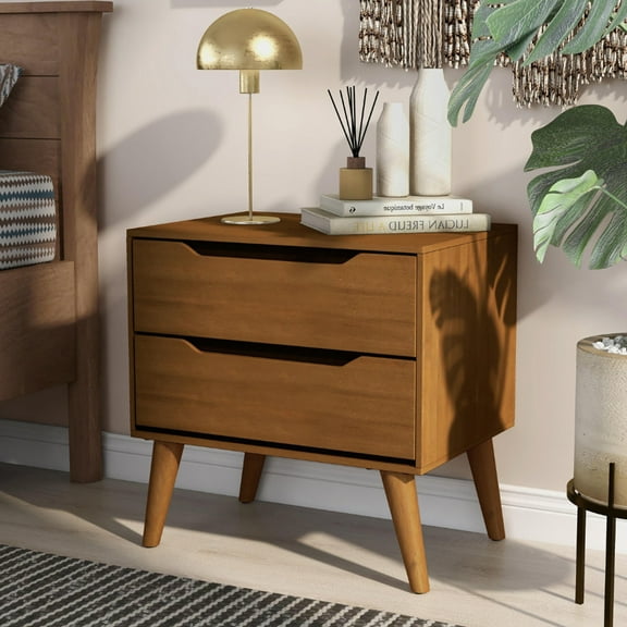 Glavbiku Mid-Century Modern 2 Drawer Nightstand,Soild Wood Side Table,Bedroom Furniture,Oak,Adult