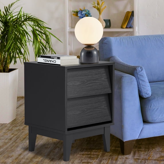 Glavbiku Mid Century Nightstand Set of 2,2 Beveled Drawers Bedside Table for Bedroom,Black,Adult
