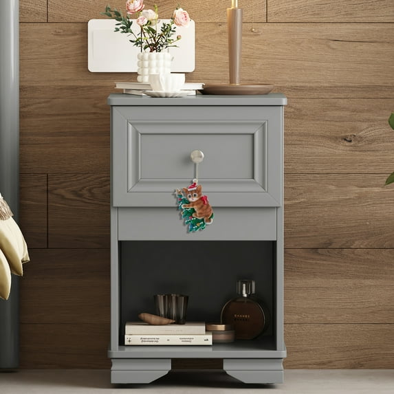 Glavbiku Mid-Century Nightstand with Drawer & Open Shelf for Bedroom,Retro Bedside Table,Gray,Adult