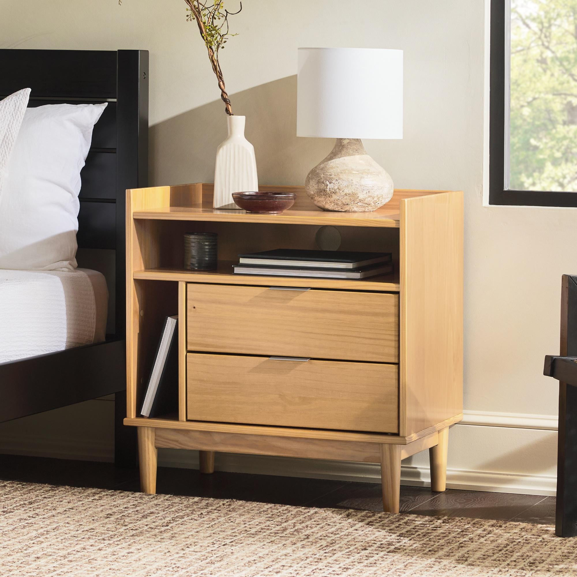 Natural Pine 2-Drawer Mid-Century Modern Nightstand with Cubby