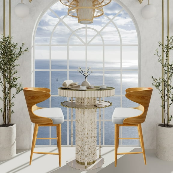 Glavbiku Mid Century Wood Barstools Set of 2 W/Fabric Upholstered,and Curved Backrest,Light Beige