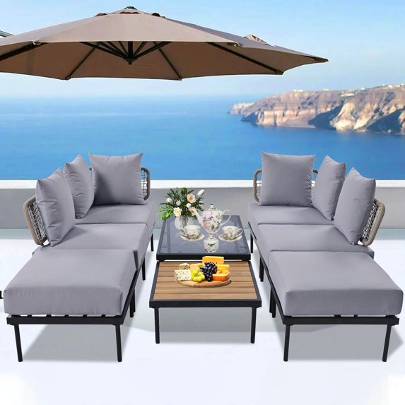 Glavbiku Modern 6 Seater Patio Sectional Sofa Set with Square Coffee Table Set for Garden, Beige