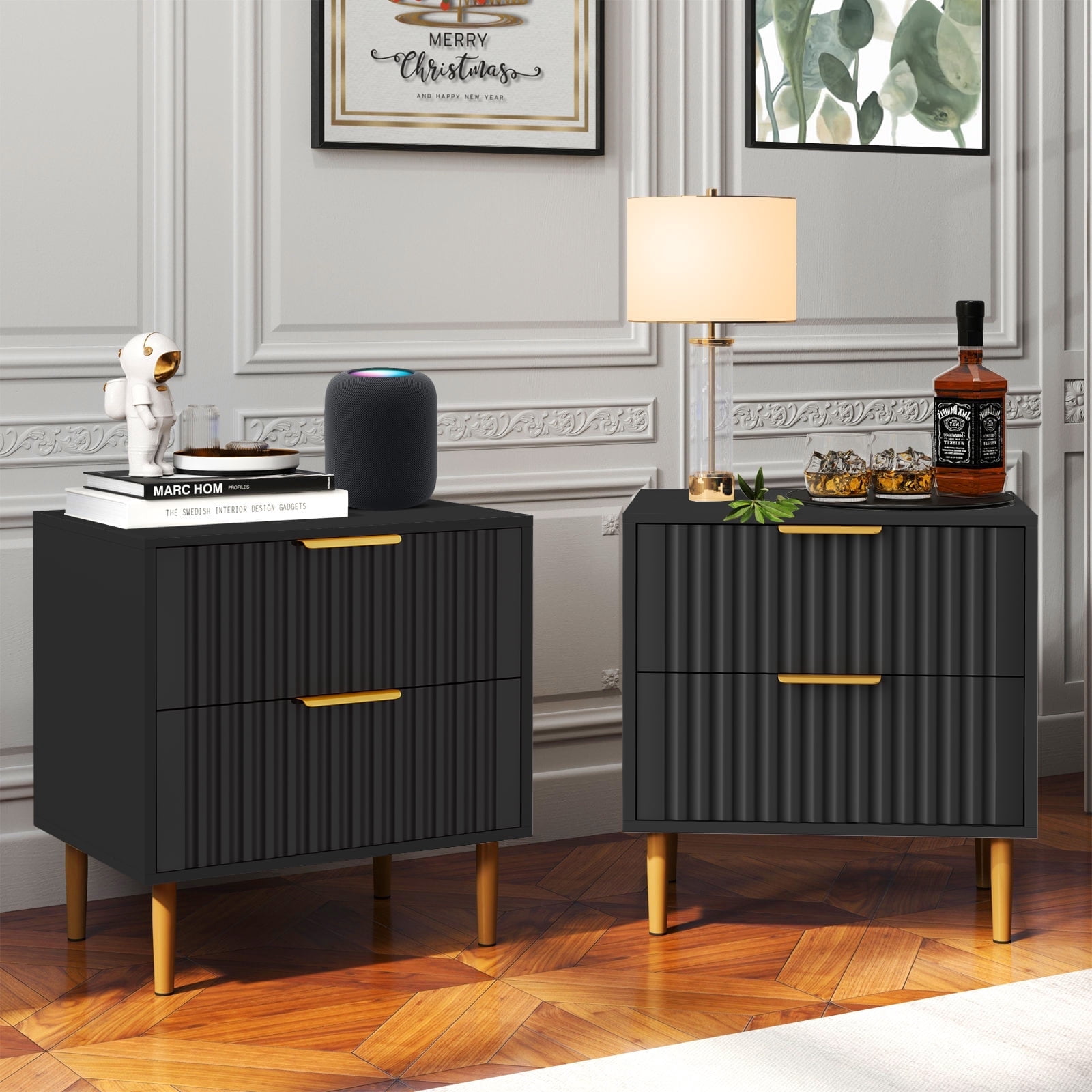 Glavbiku Modern Black 2Drawer Nightstand Set of 2 with Charging Station,Wood Side Table Adult,23.5"H