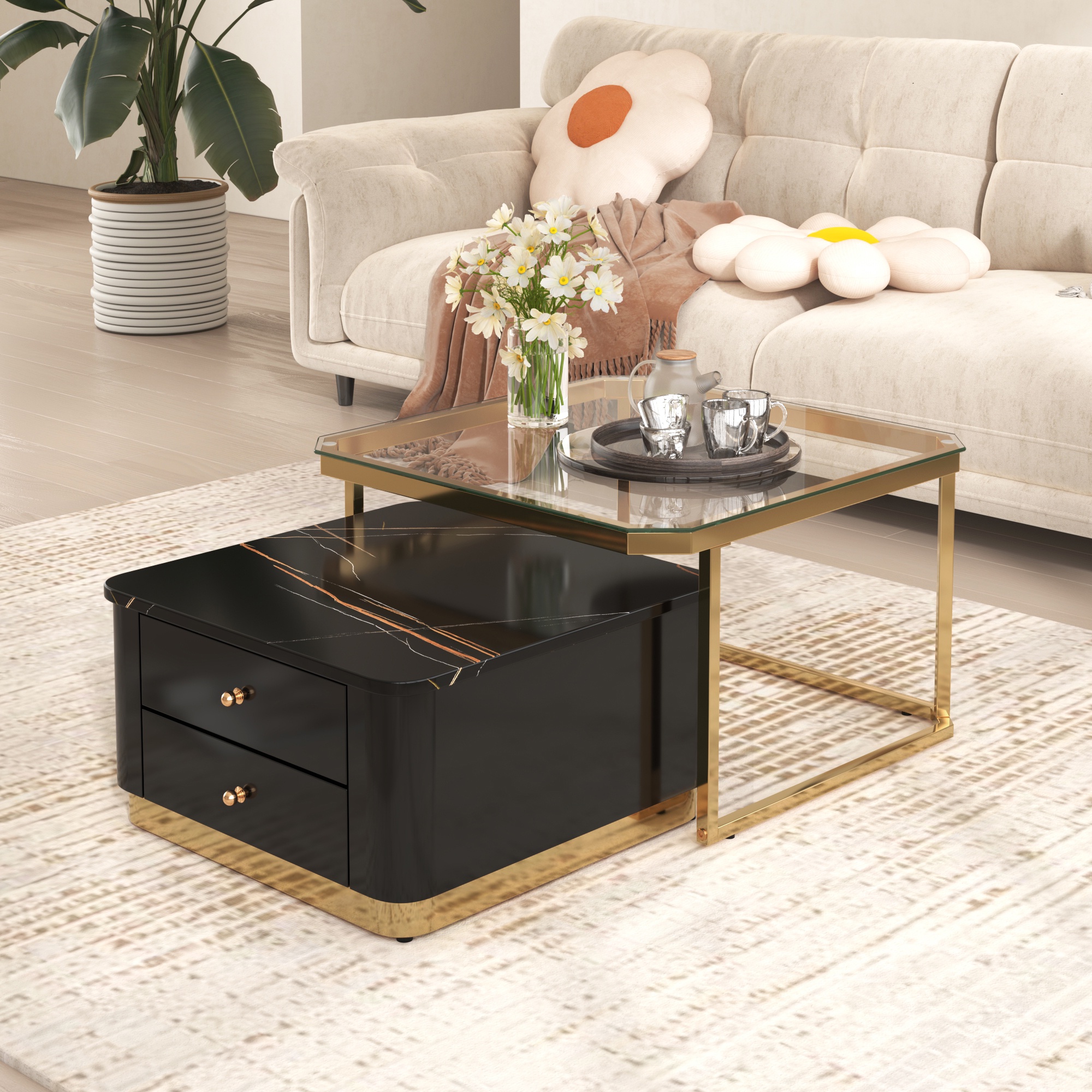 Glavbiku Modern Black Square Nesting Coffee Table Set with 2 Drawers