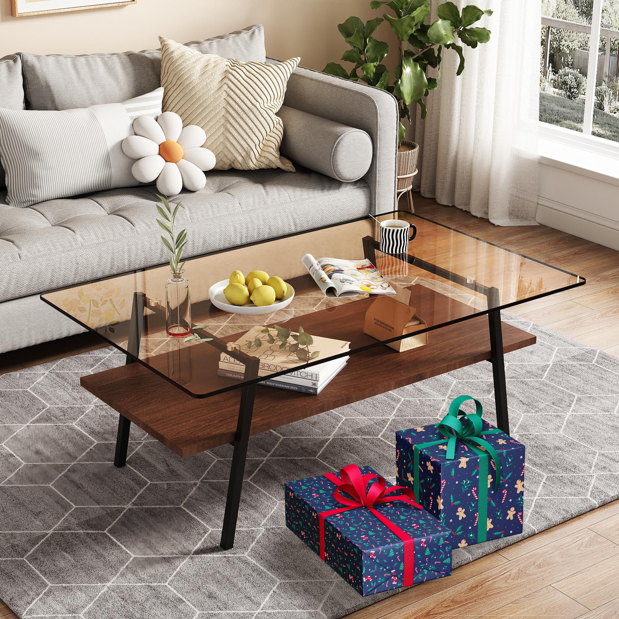 Brown Glass Coffee Table with Storage Shelves and Metal Legs