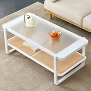 Glavbiku Modern Coffee Table with Rattan Storage Shelf,CenterTable with Glass Tabletop,White