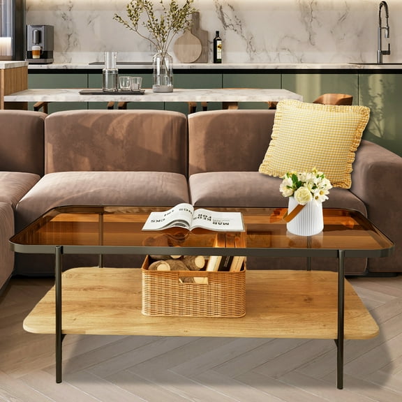 Glavbiku Modern Coffee Table W/ Brown Glass Top & Metal Frame,47" Central Table W/ Open Wood Shelves