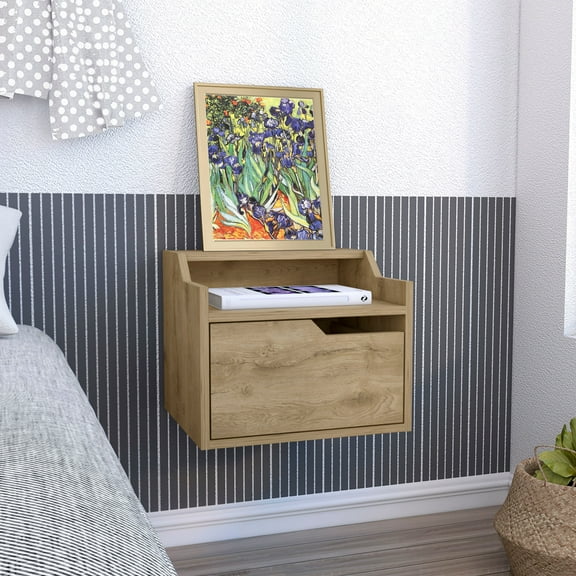Glavbiku Modern Floating Nightstand,1 Drawer End Table,Side Table with Top Shelf,Light Brown,Adult