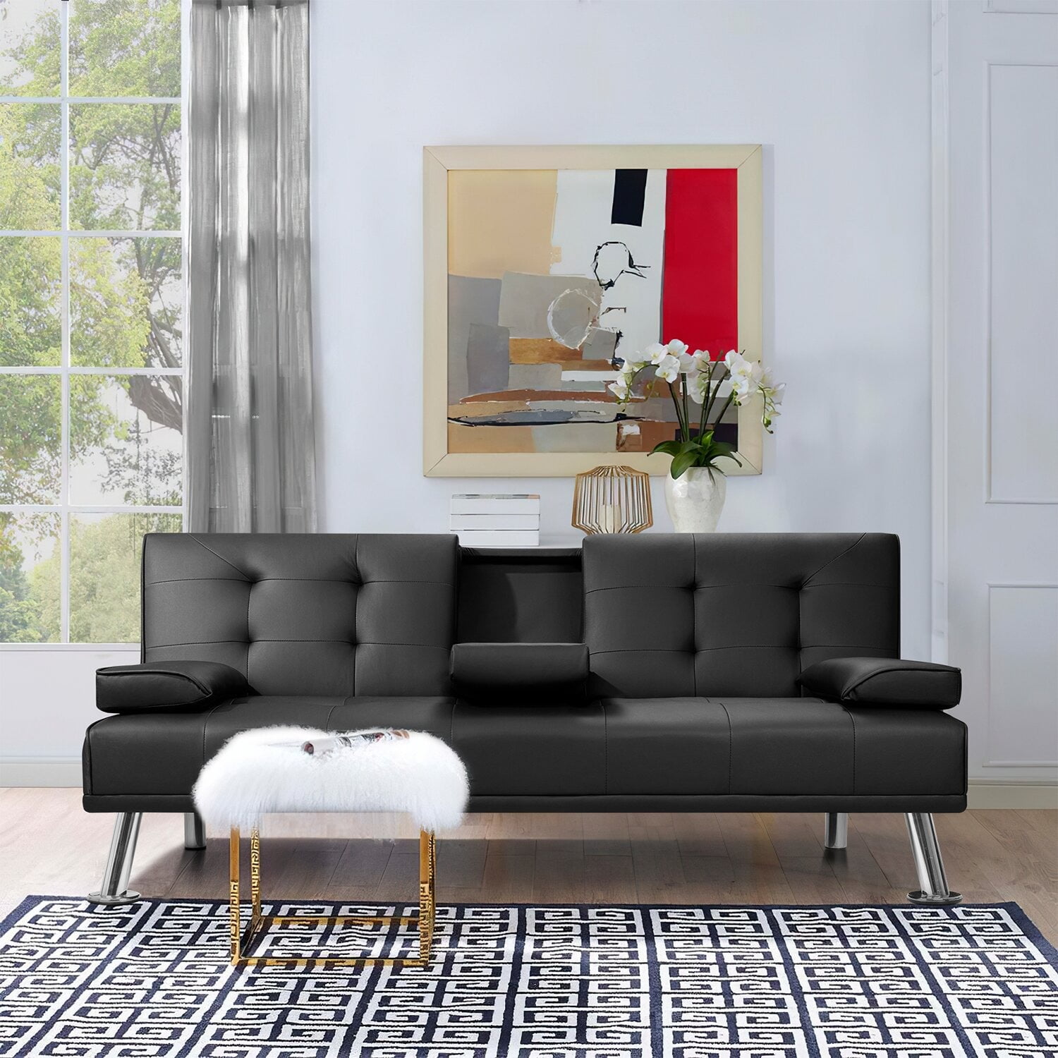 Glavbiku Modern Futon with Cup Holder and Pillows,Folding Sofa Bed for