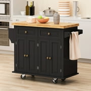 Glavbiku Modern Kitchen Island Cart with 2 Storage Cabinet,2 Locking Wheels,43.7" L x 33" H,Black