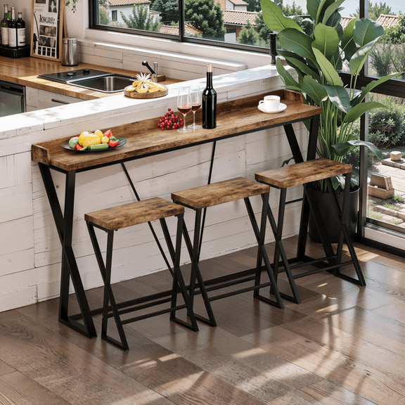 Glavbiku Modern Long Dining Table with 3 Stools for Dining Room,X-Shaped Legs Pub Table,Rustic Brown