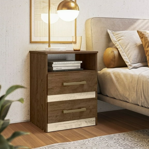 Glavbiku Modern Nightstand Brown and Hazelnut Flexible Match,Bedside Table with 2 Drawer,Walnut,Adult