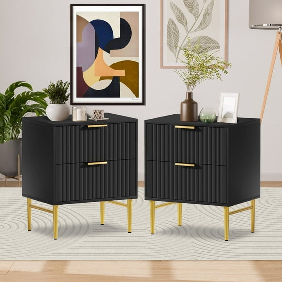 Glavbiku 2 Drawer Nightstand Set of 2,Wood Modern Black Bedside Storage with Golden Leg,Adult,23.5"H