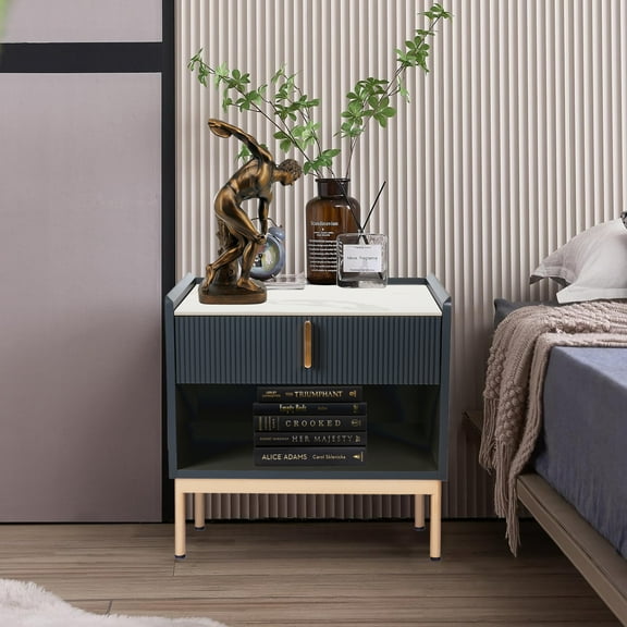 Glavbiku Modern Nightstand with 1 Drawer,End Table with Stone Tabletop and Glod Leg,Adult,Dark Gray