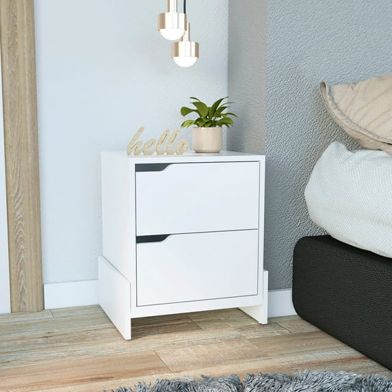 Glavbiku Modern Nightstand with 2 Drawers,Bedside Table Dresser for Bedroom in White Finish,Adult