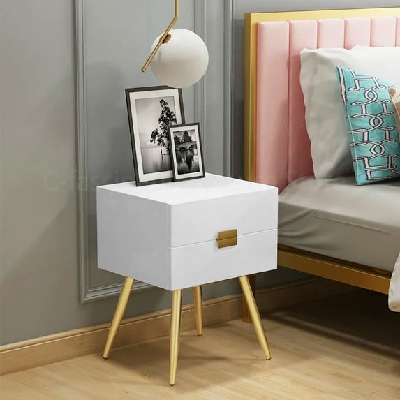 Glavbiku Modern Nightstand with 2 Drawers,Bedside Table with Gold Metal Legs,White,Adult